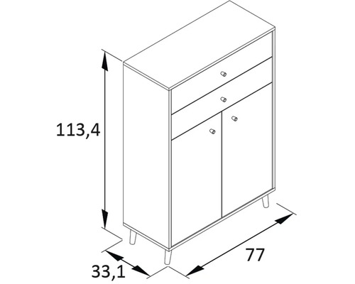 Nákres skrine s dvoma zásuvkami a dvoma dvierkami a rozmermi.