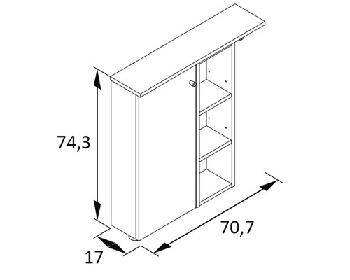 Technický nákres kúpeľňovej skrinky s rozmermi