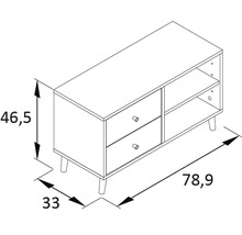 Nákres nízkej skrinky so zásuvkami a policami, rozmery: výška 46,5 cm, šírka 78,9 cm, hĺbka 33 cm