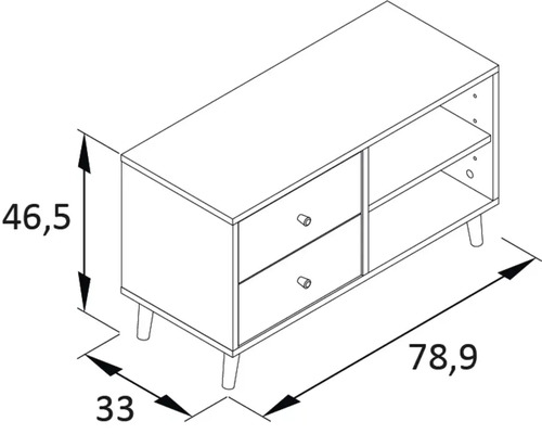 Nákres nízkej skrinky so zásuvkami a policami, rozmery: výška 46,5 cm, šírka 78,9 cm, hĺbka 33 cm
