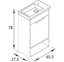 Skrinka pod umývadlo s rozmermi 78 x 45,5 x 27,5 centimetrov ako schematické znázornenie