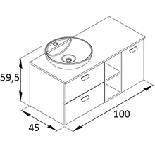 Nákres skrinky pod umývadlo s umývadlom a rozmermi 100 x 45 x 59,5 centimetrov