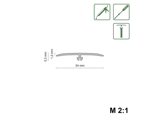 Technický nákres prechodového profilu s rozmermi 34 mm šírka, 5,3 mm výška a 1,2 mm hrúbka