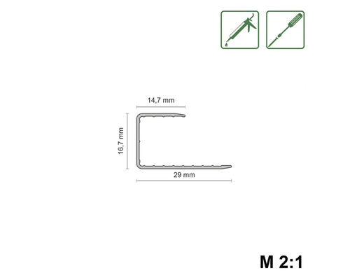 Technický nákres U profilu s rozmermi, vhodný na lepenie alebo skrutkovanie