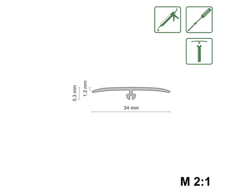 Profilová lišta s rozmermi: výška 5,3 mm, hrúbka 1,2 mm a šírka 34 mm, symboly pre montáž lepidlom, skrutkou alebo hmoždinkou
