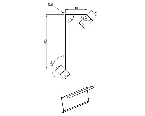 Technický nákres uholníka s rozmermi.