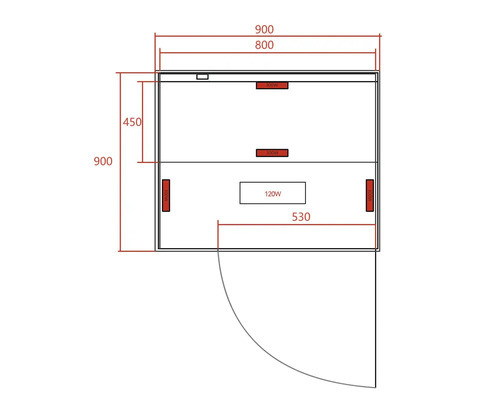 Diagram výhrevnej kabíny s rozmermi a umiestnením vykurovacích telies.
