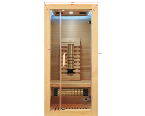 Vnútorný pohľad na saunu s dreveným obkladom, lavicou a infračerveným žiaričom s rozmermi