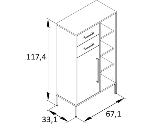 Skrinka s dvomi zásuvkami, jednými dvierkami a otvorenými policami, rozmery 117,4 x 67,1 x 33,1 cm