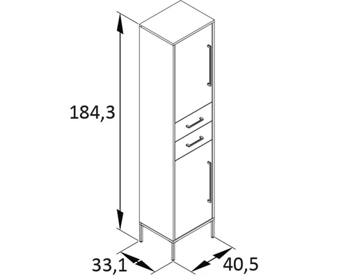 Technický nákres vysokej kúpeľňovej skrinky s rozmermi