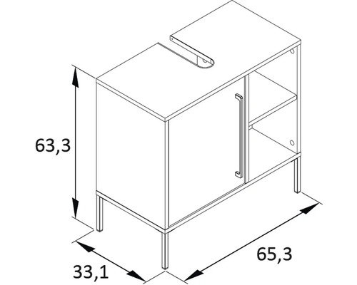Nákres skrinky pod umývadlo s rozmermi 63,3 x 33,1 x 65,3 centimetrov.
