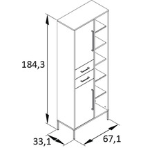 Technický nákres skrine s rozmermi 184,3 cm výška, 67,1 cm šírka a 33,1 cm hĺbka.