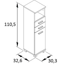 Technický nákres kúpeľňovej skrinky s tromi zásuvkami a rozmermi.