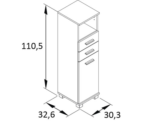 Technický nákres kúpeľňovej skrinky s tromi zásuvkami a rozmermi.