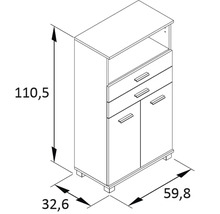 Technický výkres skrine so zásuvkami a dvierkami a rozmermi