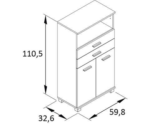 Technický výkres skrine so zásuvkami a dvierkami a rozmermi