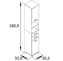 Technický nákres kúpeľňovej vysokej skrine s rozmermi 180,9 cm výška, 32,6 cm šírka a 30,3 cm hĺbka.