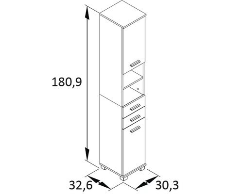 Technický nákres kúpeľňovej vysokej skrine s rozmermi 180,9 cm výška, 32,6 cm šírka a 30,3 cm hĺbka.