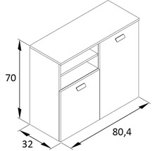 Technický nákres príborníka s rozmermi 70 x 80,4 x 32 cm.