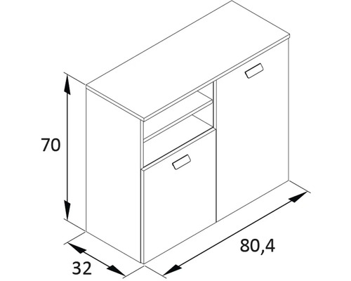 Technický nákres príborníka s rozmermi 70 x 80,4 x 32 cm.
