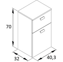 Technický nákres spodnej skrinky s dvomi zásuvkami a rozmermi 70 x 32 x 40,3 cm.