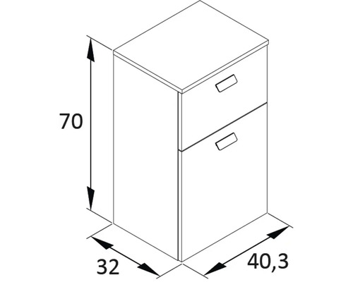 Technický nákres spodnej skrinky s dvomi zásuvkami a rozmermi 70 x 32 x 40,3 cm.