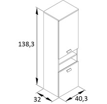 Technický nákres kúpeľňovej vysokej skrine s rozmermi 138,3 x 32 x 40,3 centimetrov.