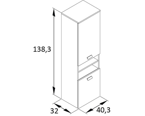 Technický nákres kúpeľňovej vysokej skrine s rozmermi 138,3 x 32 x 40,3 centimetrov.