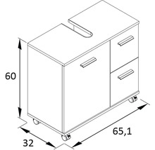 Nákres spodnej skrinky so zásuvkami a kolieskami, rozmery 60 x 65,1 x 32 cm