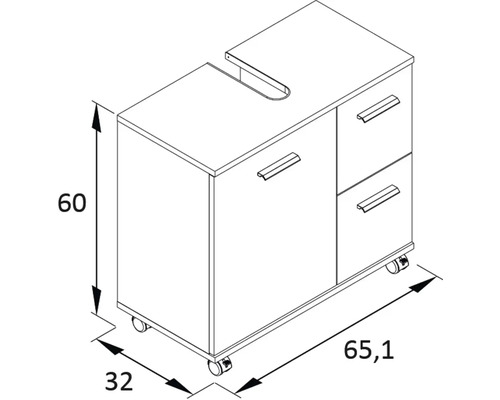 Nákres spodnej skrinky so zásuvkami a kolieskami, rozmery 60 x 65,1 x 32 cm