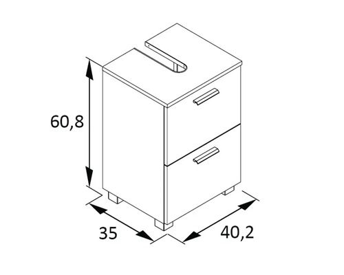 Nákres skrinky pod umývadlo s rozmermi.