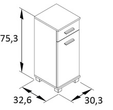 Technický nákres spodnej skrinky so zásuvkami s rozmermi 75,3 x 32,6 x 30,3 cm.