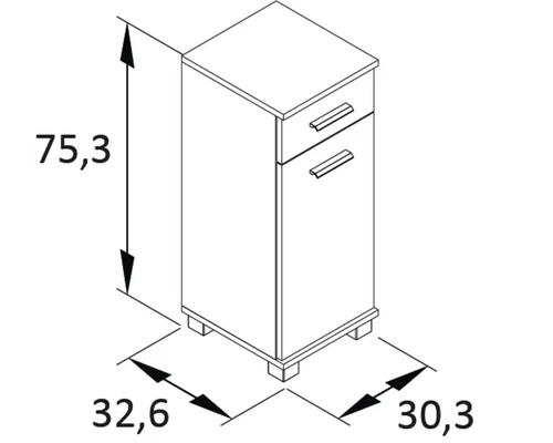 Technický nákres spodnej skrinky so zásuvkami s rozmermi 75,3 x 32,6 x 30,3 cm.