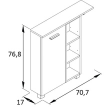 Technický nákres skrine s rozmermi 76,8 x 70,7 x 17 cm