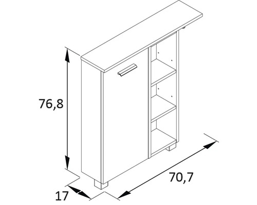 Technický nákres skrine s rozmermi 76,8 x 70,7 x 17 cm
