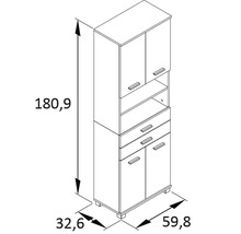 Technický nákres vysokej skrine so zásuvkami a policami, rozmery 180,9 x 59,8 x 32,6 cm