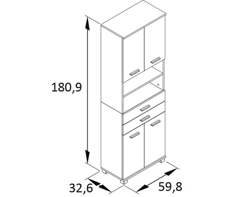 Technický nákres vysokej skrine so zásuvkami a policami, rozmery 180,9 x 59,8 x 32,6 cm