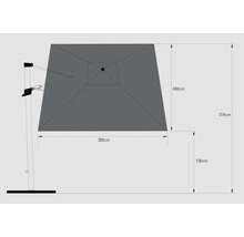 Rozmery slnečníka: plocha tienidla 400 cm x 300 cm, výška 314 cm, výška pätky 136 cm.