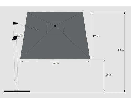 Rozmery slnečníka: plocha tienidla 400 cm x 300 cm, výška 314 cm, výška pätky 136 cm.