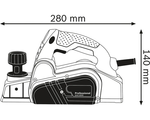 Nákres hoblíka s rozmermi 280 mm dĺžka a 140 mm výška