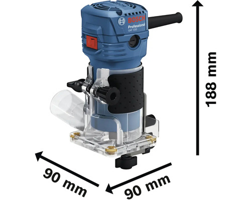 Horná fréza Bosch GKF 550 s rozmermi 188 mm výška a 90 mm šírka