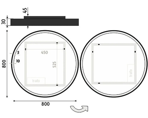 Technický nákres okrúhleho zrkadla s rozmermi