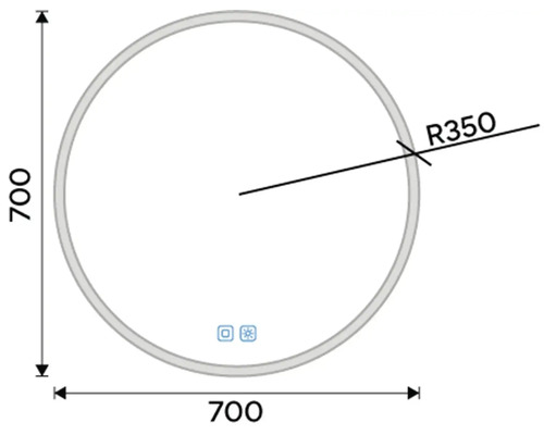 Technický nákres okrúhleho zrkadla s priemerom 700 milimetrov a polomerom 350 milimetrov