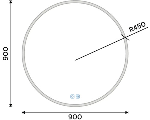Technický nákres okrúhleho zrkadla s rozmermi 900 x 900 mm a polomerom 450 mm.