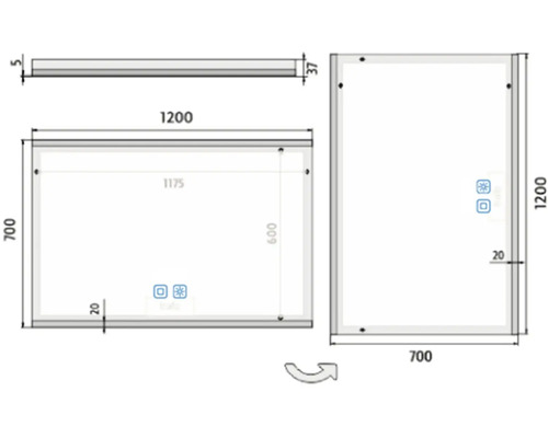 Technický nákres zrkadla s osvetlením s rozmermi 1200 x 700 mm.