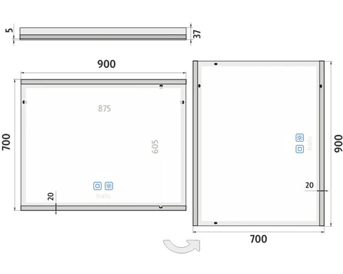 Technický nákres zrkadla s rozmermi 900 x 700 mm