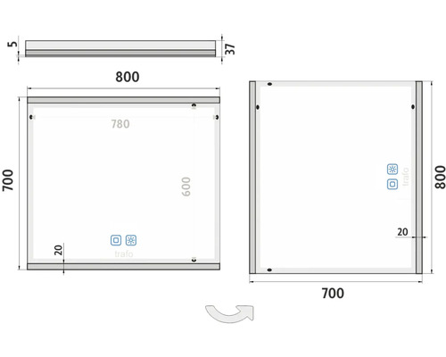 Technický nákres zrkadla s rozmermi