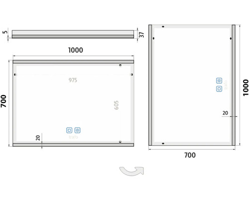 Technický nákres zrkadla s rozmermi 1000 x 700 mm
