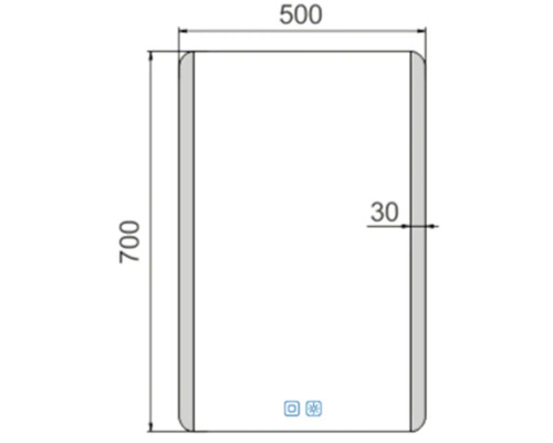 Technický nákres zrkadla s rozmermi 500 x 700 x 30 milimetrov.