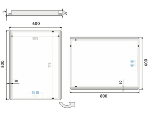 Technický nákres zrkadla s rozmermi 800 x 600 mm